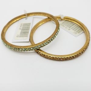 2 Gold Tone Bangle Bracelets, Green, Gold Stones